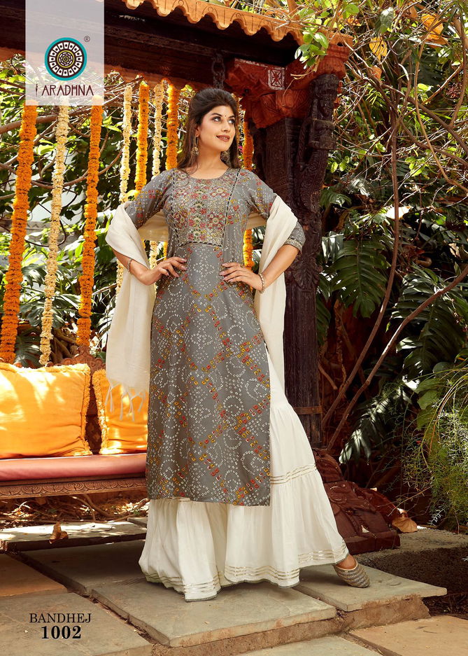 Aradhna Bandhej 1 Fancy Heavy Festive Wear Rayon Printed Kurti Sharara With Dupatta Collection